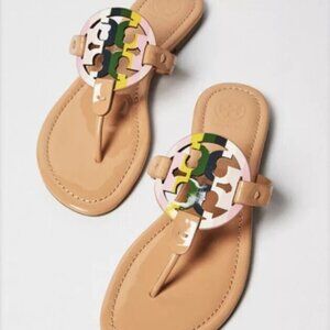 Tory Burch Miller Multicolor Patent Vachetta Flat Leather Sandals 7.5 EUC